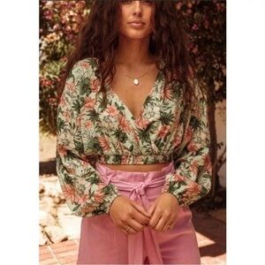 Lost + Wander Island Hopper Floral Faux Wrap Long Sleeve Crop Top Green Size XS